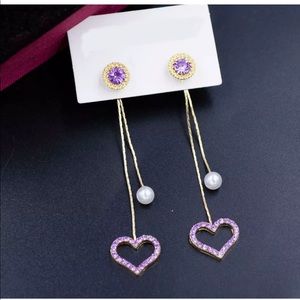 Cute Pearl Purple Heart Dangle Earrings